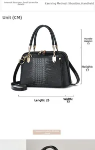 Detailed size chart showing black lizard texture handbag dimensions and gold hardware