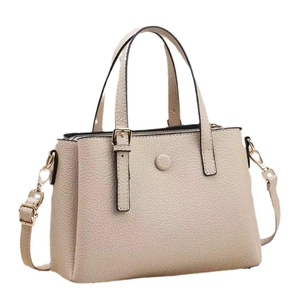 Elegant beige lychee textured tote bag with gold hardware for women's daily commute