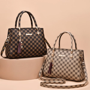 Chic checkerboard pattern tote bags for women with metallic charms and shoulder straps