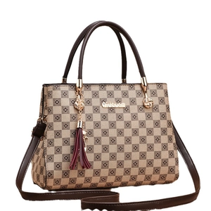 Classic checkered tote bag with brown handles and a stylish purple leather tassel detail
