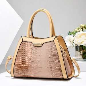 Fashionable beige crocodile texture handbag for women with gold hardware accents