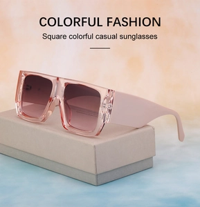 Detail of pink transparent square sunglasses with thick temples on a display stand