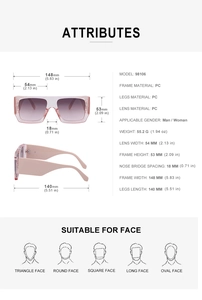 Detailed size chart of pink gradient oversized PC sunglasses with frame measurements