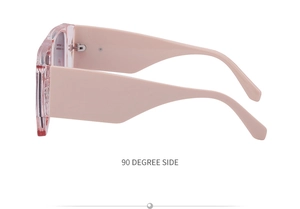 90-degree side view of oversized light pink sunglasses with wide thick temples
