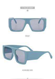 Detail view of large blue gray frame sunglasses showing front and 45 degree side profiles