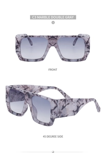 Front and 45-degree side views of square sunglasses with gray marble frames and gradient lenses