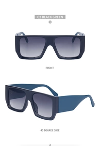 Front and 45-degree side views of black and green square oversized sunglasses