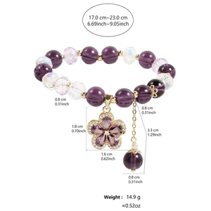 Detailed view showing dimensions and materials of purple crystal flower charm bracelet