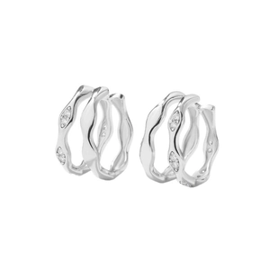 Vintage irregular silver wave hoop earrings with inlaid zircon crystals for women