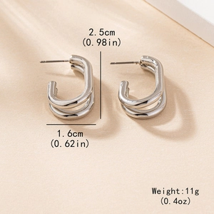 Chic silver-colored triple-layer C-shape hoop earrings with modern geometric design