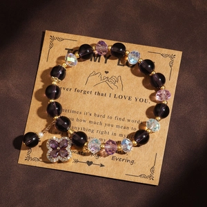 Purple Crystal Beaded Bracelet For Women Elegant Rhinestone Clover Flower Waterdrop Charm Elastic Hand String Jewelry Gift
