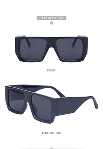 Front and 45-degree side views of black oversized square sunglasses with wide temples