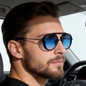 Men's steampunk pilot sunglasses with side shields and blue gradient lenses for driving