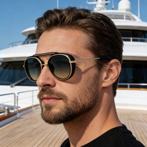 Men's retro pilot sunglasses with double bridge and side shields on a luxury yacht