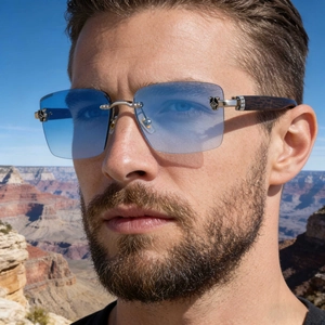 Rahmenlose Sonnenbrille mit blauen Verlaufsgläsern und Holzbügeln mit Leopardenkopf-Verzierung