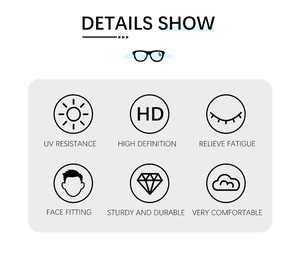 Detailed feature icons showing UV protection and HD vision of the trendy oval sunglasses