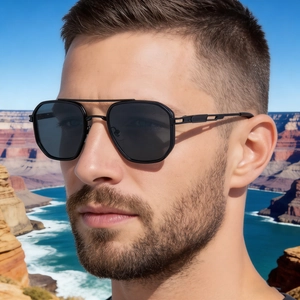 Classic black square double bridge sunglasses for men featuring a matte finish for outdoors