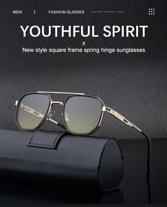 Detail shot of square sunglasses with flexible spring hinge on a black leather case