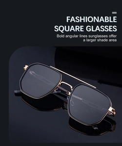 Detail view of bold square frame sunglasses with gold double bridge and spring hinges