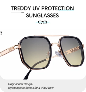 Detail of square gradient lenses and metallic spring hinge on UV sunglasses
