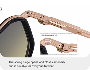 Detail of the flexible spring hinge and rose gold metal temples on square sunglasses