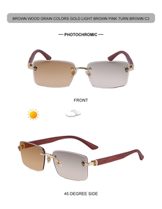 Detail einer randlosen phototropen Sonnenbrille mit goldenem Gepardenkopf und Holzbugeln