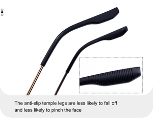 Detail of ergonomic anti-slip temple tips on square metal sunglasses for a secure fit