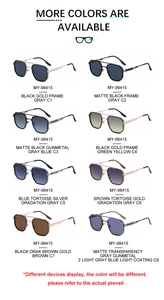 Matrix display of square pilot sunglasses in eight assorted colors and metal frames