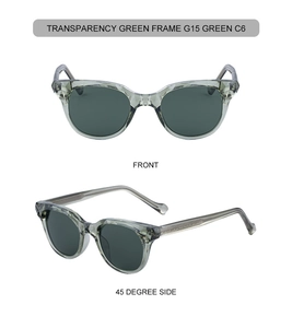 Détail de lunettes de soleil œil-de-chat vert transparent avec verres G15 et monture acétate