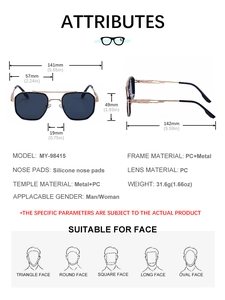 Detailed size specifications of square sunglasses with dimensions and frame material