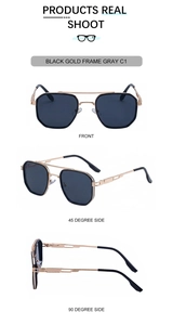 Three perspectives of retro square sunglasses featuring double bridge and gold metal frame