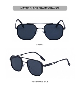 Front and side view of matte black square sunglasses with double bridge and gray lenses