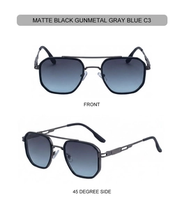 Detail view of gunmetal gray square sunglasses with blue gradient lenses and double bridge