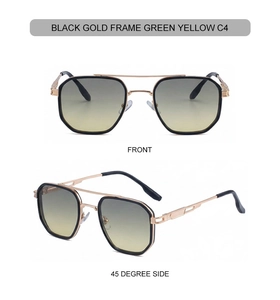 Front and side view of square sunglasses with black gold frame and green yellow lenses