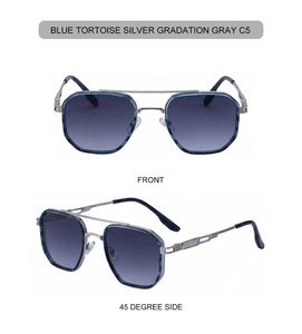 Front and side macro views of square double-bridge sunglasses with blue tortoise frames