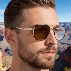 Dual-bridge pilot sunglasses showing photochromic transition from clear to dark tint