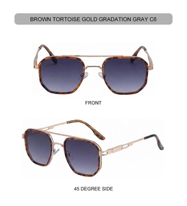Detail view of tortoiseshell and gold polygon sunglasses with gradient gray lenses