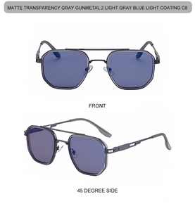 Detail of matte transparent gray geometric frames with gunmetal double bridge and blue light coating