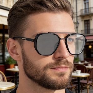 Square double bridge photochromic sunglasses with metal spring hinges shown on a model
