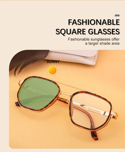 Detail of square photochromic sunglasses with metal bridge and leopard print frame