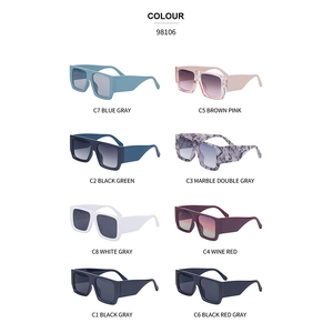 Eight colors of wide temple square sunglasses including solid and marble frames