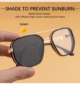 Detail of photochromic lenses changing to dark grey under sunny light with double bridge