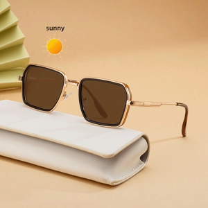 Square punk sunglasses with gold metal legs and premium leather case on warm sand background