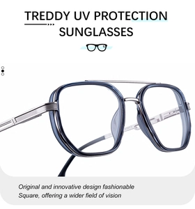 Detail of square photochromic sunglasses with blue plastic frame and silver metal temples