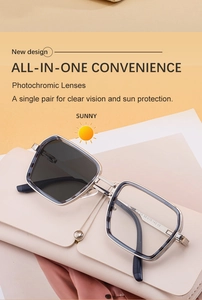 Detail of photochromic square lenses showing indoor and outdoor color transition