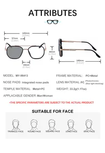 Detailed size chart for square photochromic sunglasses with dimensions and specifications
