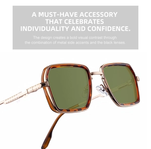 Detail of square sunglasses showing tortoise frame and gold metal hollow temples