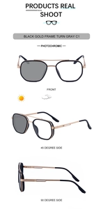Detail view of square photochromic sunglasses with black gold frames and dual bridge design