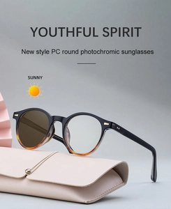 Detail of photochromic round sunglasses with PC frame and premium leather case