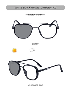 Detail showing photochromic technology on matte black square pilot sunglasses with dual bridges